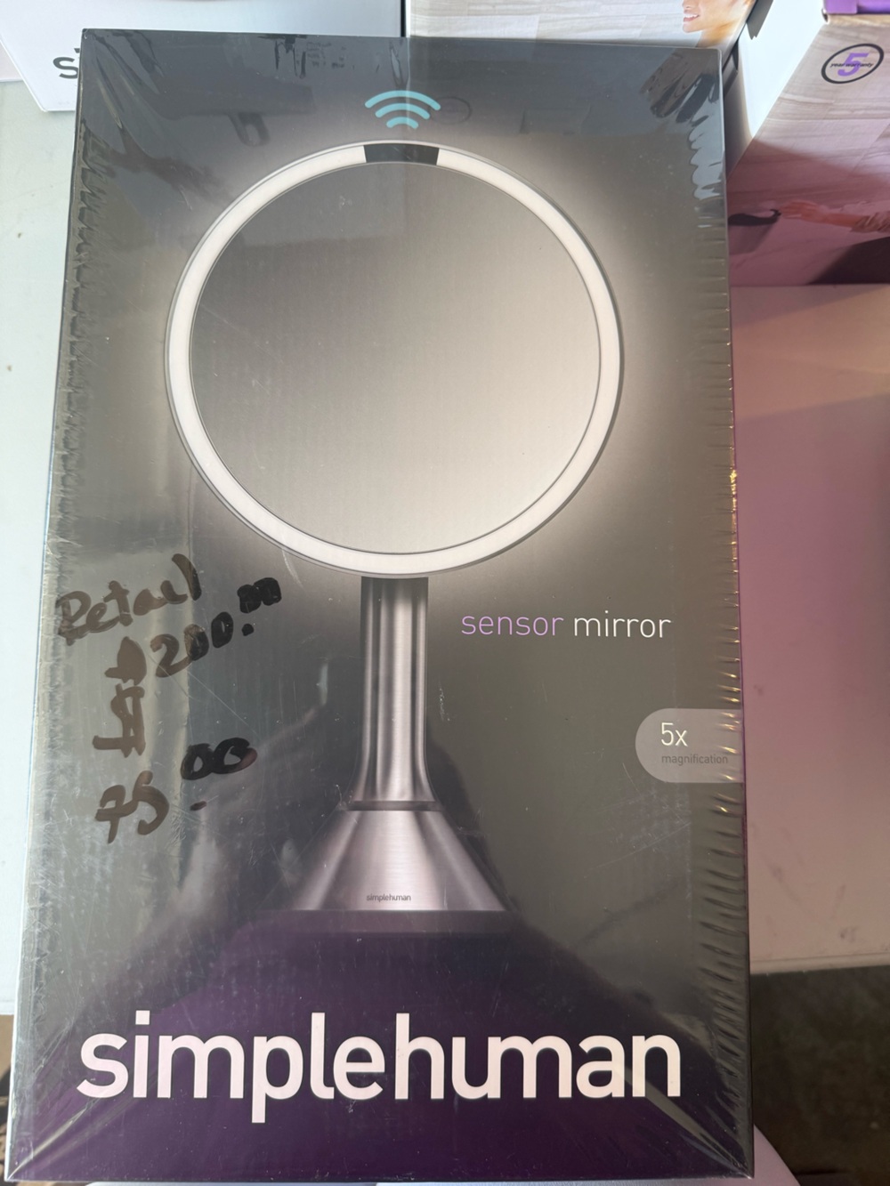 simplehuman Sensor Mirror in Silver w/LED 5x magnifying changes light color